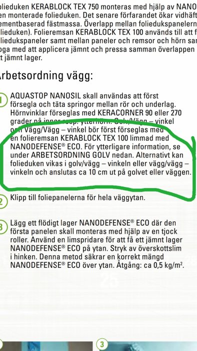 Instruktionsdokument om installation av KERABLOCK och NANODEFENSE för väggkonstruktioner markerat med grönt.