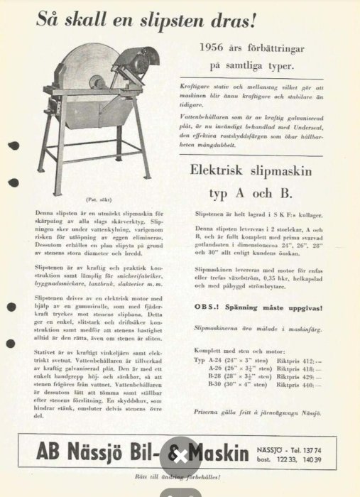 Gammaldags reklam för en elektrisk slipmaskin med stor rund slipsten och vattenbehållare från AB Nässjö Bil-& Maskin.