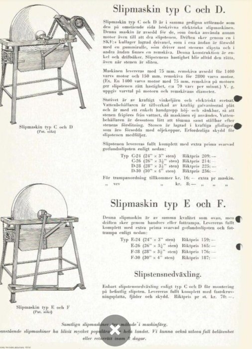 Gammal annonstillustration av gotländska slipmaskiner typ C och D, samt E och F med beskrivande text och priser.