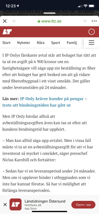 Skärmdump av en nyhetsartikel på LTZ.se om IP Onlys villkor för avbeställningsavgift vid fiberbeställning.