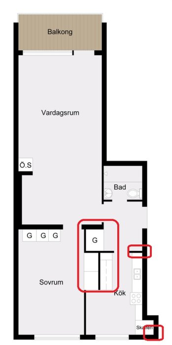 Planlösning av en lägenhet med rödmarkerade områden som visar var sprickor observerats.
