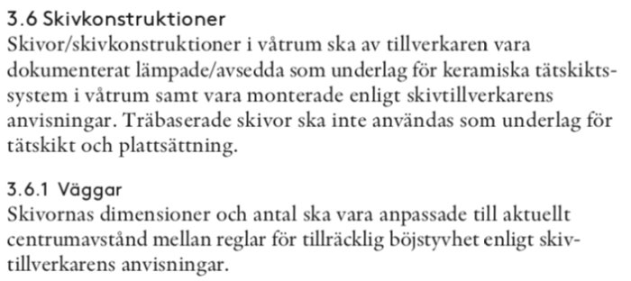 Utdrag ur BKR Branschregler om skivkonstruktioner och väggar för våtrum med krav på underlag och monteringsanvisningar.