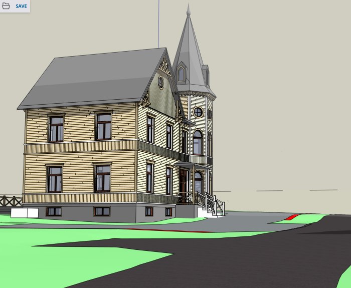 3D-modell av ett hus med torn och utsmyckade fasader i SketchUp, ofärdiga omgivningsdetaljer.