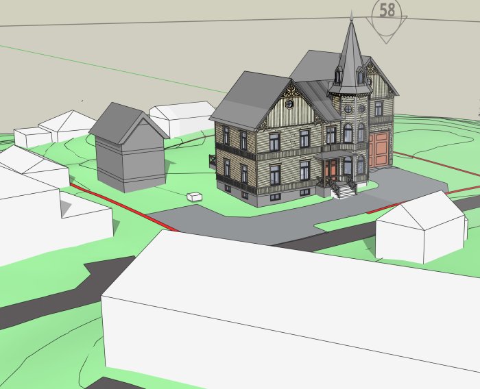 3D-modell av ett hus i byggnadsprocess med oavslutade fasader och översikt av grannhus.