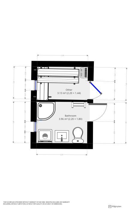 Ritning av badrum och bastu med planerad avloppsledning och bastuaggregatets placering.