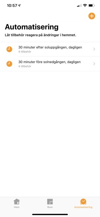 Skärmavbild av hemautomatisering i en app med schemalagda uppgifter för soluppgång och solnedgång.