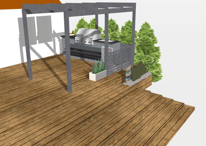 3D-rendering av en altan med pergola, inbyggd grill och sittplatser, omgiven av grönska.