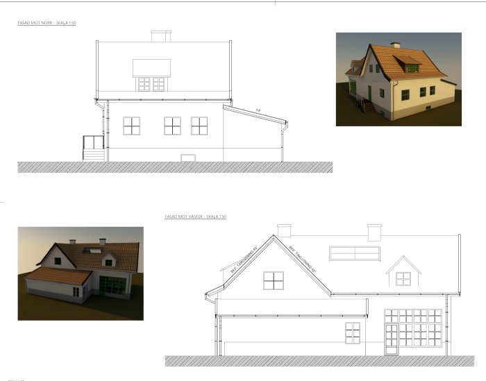 Ritningar och 3D-visualisering av ett hus med detaljer för fasad mot norr och väster.