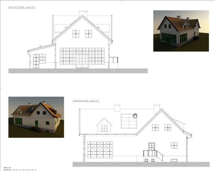 Arkitektritningar och 3D-modeller av ett tvåvåningshus med sadeltak.