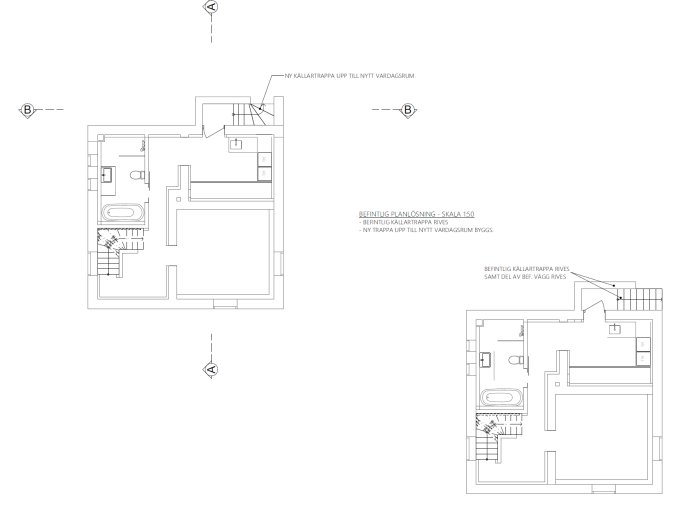 Arkitektritningar av en planlösning före och efter renovering med nya trappor och vardagsrum.