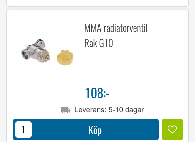 MMA radiatorventil Rak G10 med prisangivelse, tillbehör och köpknapp.