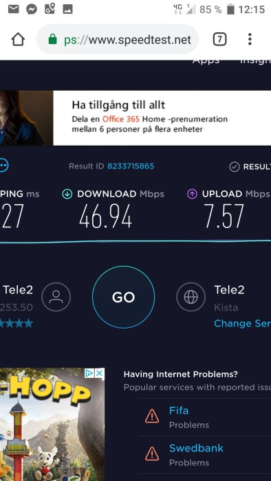 Skärmdump av hastighetstest med 46.94 Mbps nedladdning och 7.57 Mbps uppladdning på en smartphone.