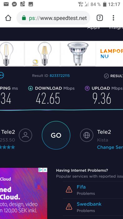 Skärmbild av ett hastighetstest med resultatet 42.65 Mbps nedladdning och 9.36 Mbps uppladdning.