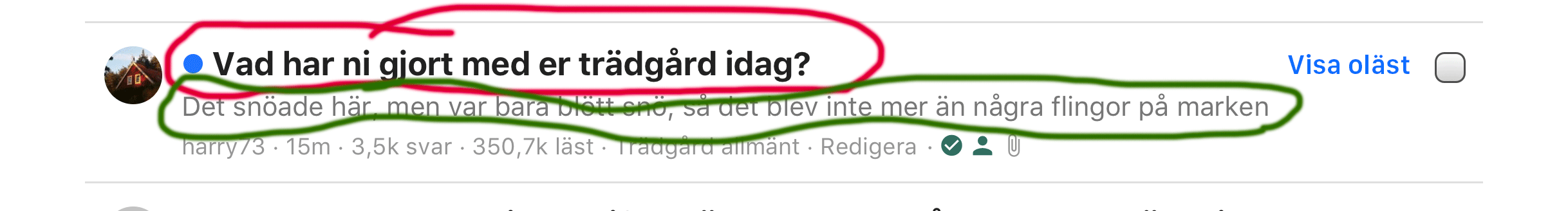 Diskussionsforumstråd med rubrik och snippet-text markerade i rött resp. grönt, "Visa oläst"-länk i blått.