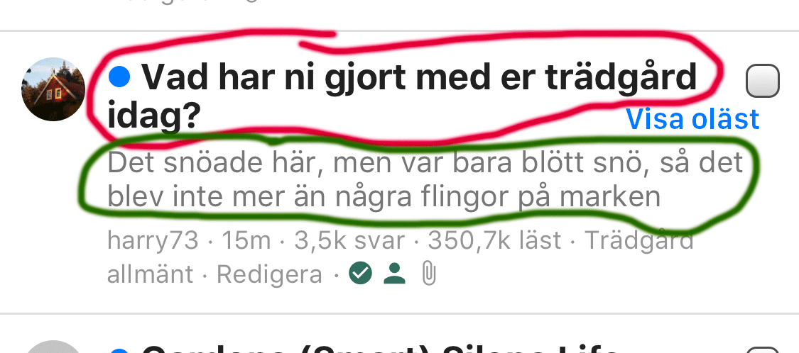 Skärmdump av forumtråd med markerad rubrik och snippet-text samt "Visa oläst"-länk.