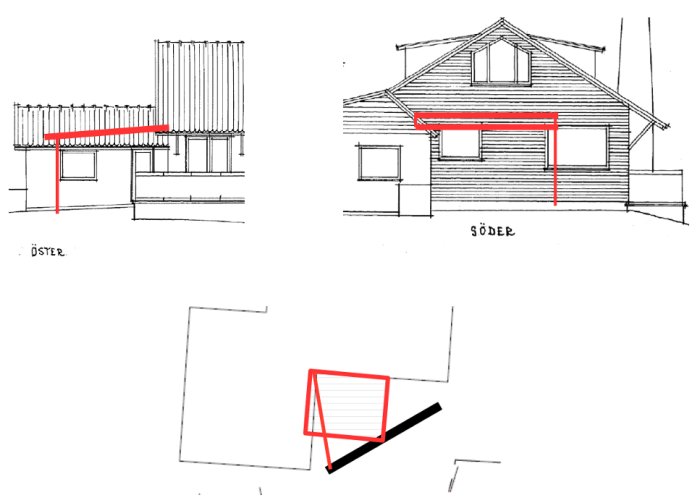 Skiss av ett hus i tre vyer, där en balk och stolpe markerats i rött för att visa en tänkbar lösning för takkonstruktion.