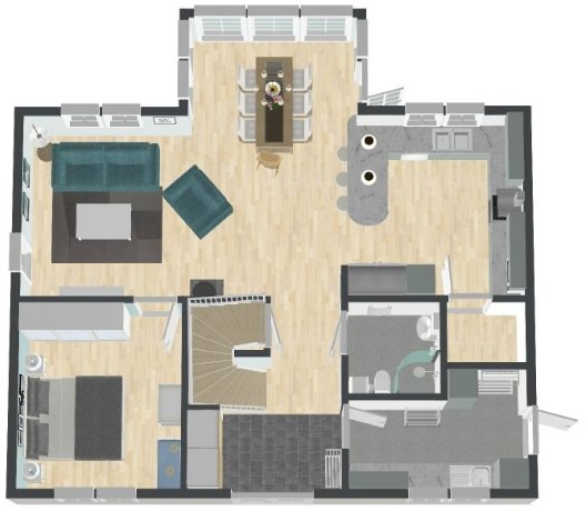 3D-planritning av lägenhet med Ikea möblering - Tidafors soffgrupp och Pax garderob, samt noggranna mått.