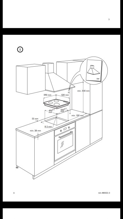 Schematisk illustration av köksinredning med måttangivelser för installation av spishäll och ugn.