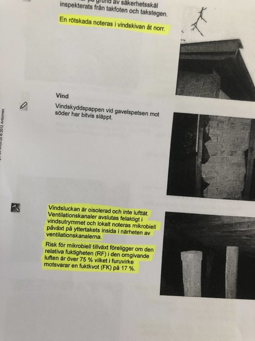 Utskrift av en byggnadsinspektionsrapport med bilder på takdetaljer och anteckningar om rötskador och ventilationsproblem.