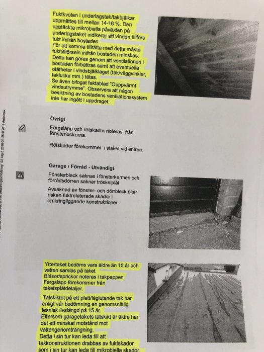 Ett dokument med text och fyra inbäddade bilder visande tecken på fuktskador och slitage i olika delar av en byggnad.