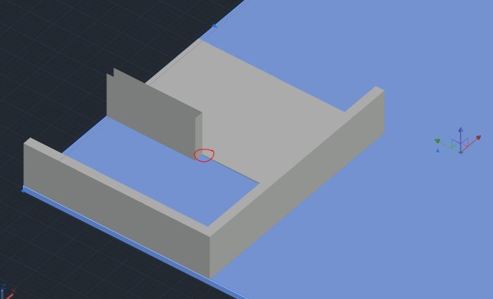 3D CAD-modell av ett badrumsplan med markerad kant och avgränsat duschutrymme.