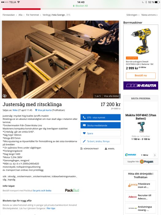 Bernardo justersåg med ritsklinga placerad i ett verkstadsutrymme, visar maskinens bord och konstruktion.