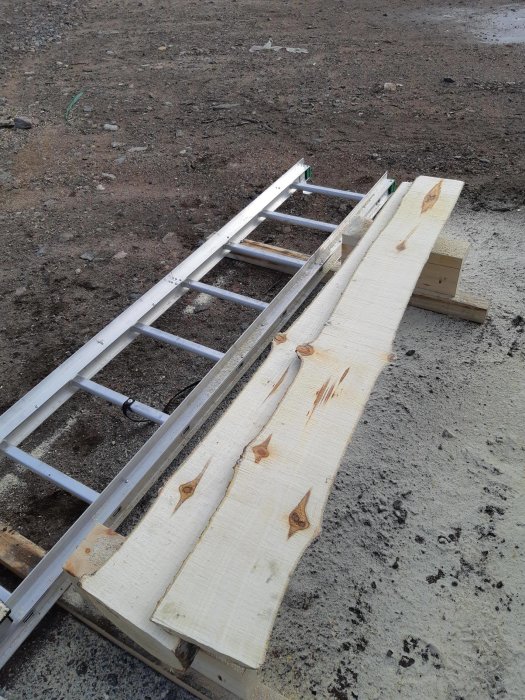 Improvised wooden ramp constructed over a metal ladder on a dirt ground.