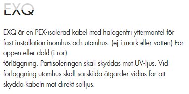 Informationstext om EXQ-kabeln som förklarar att den är PEX-isolerad och halogenfri, samt instruktioner om UV-skydd.