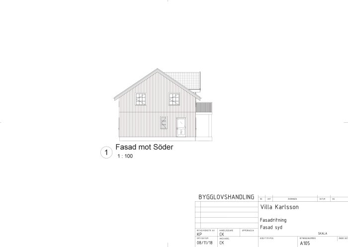 Bygglovsritning av en större, enkel husmodell med balkong och takkupa, fasad mot söder.