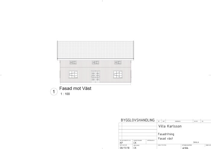 Bygglovsritning av en husfasad med balkong och takkupa, betecknad "Fasad mot Väst".