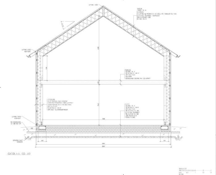 Ritning av sektion för prefab betonghus med mått och armeringsdetaljer.