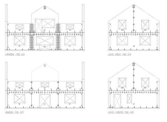 Fyra arkitektoniska ritningar av prefab betongväggar för ett hus, med mått och armeringsdetaljer.