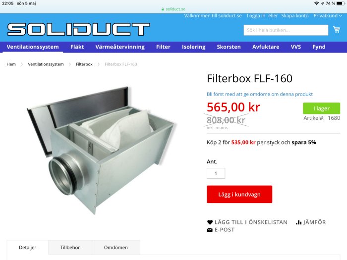 Filterbox FLF-160 från webbutik, öppen visar filter, använd som förfilter i ventilationssystem.