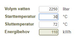 En kalkylator visar vattenvolym, start- och sluttemperatur samt energibehov för uppvärmning.
