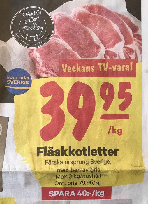 Erbjudande på fläskkotletter för 39,95 kr/kg, färska med svensk ursprung, annonserat av City Gross.