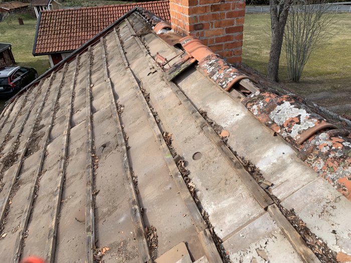 Översikt av ett gammalt tak med tegelpannor och synliga lockbårder som behöver tätas.