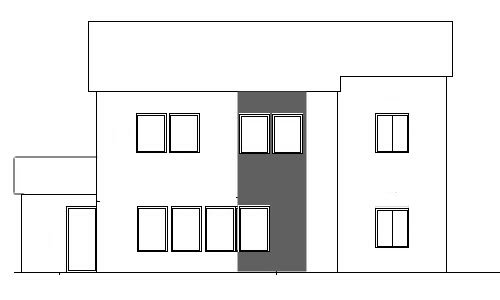 Arkitektonisk skiss av husfasad med balanserad fönstersättning, färgfält och ny taklösning.