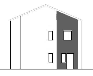 Svartvit illustration av en husfasad med olika fönster och en mörk färgfält på ena sidan.