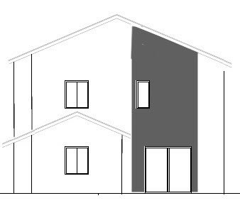 Enkel ritning av ett hus med en mörkfärgad fasadsektion och nya fönster och taklösning på utbyggnaden.
