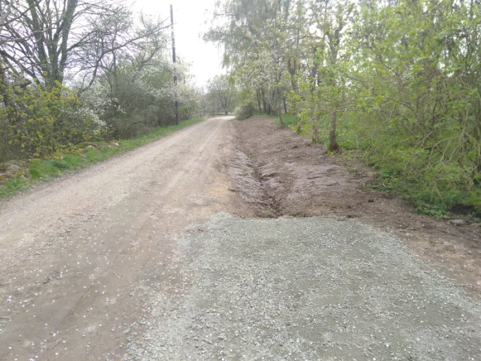 Enskild grusväg med ett nyligen grävt dike längs sidan för avrinning, omgivet av grönska.