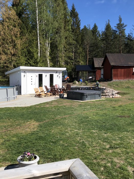 Trädgård med friggebod, altan, utemöbler och jacuzzi, omgiven av natur och en röd stuga i bakgrunden.