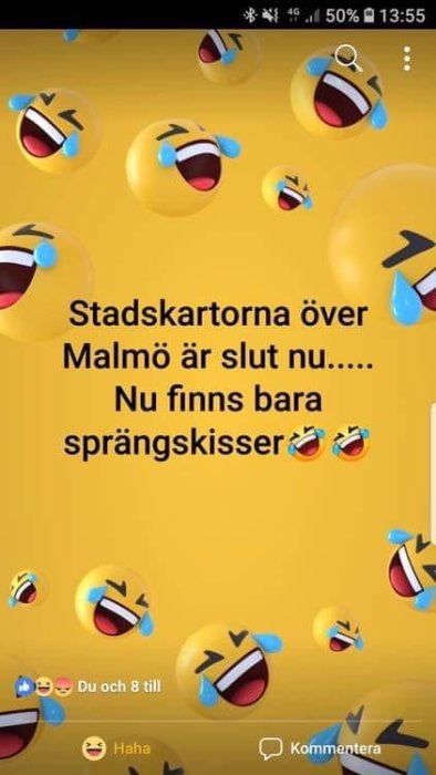 Skärmavbild av sociala medier inlägg om slut på stadskartor med emoji som gråter av skratt.