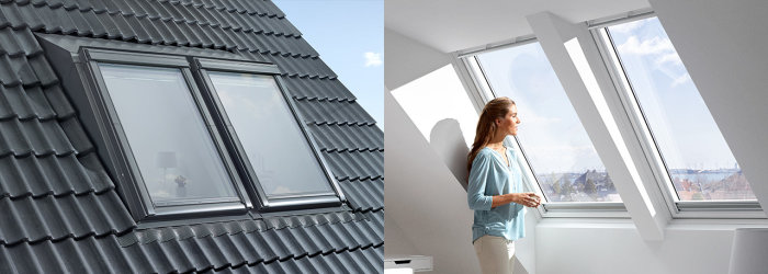 Velux takkupa monterad på skiffertak utifrån och en kvinna tittar ut genom samma takkupa inifrån.