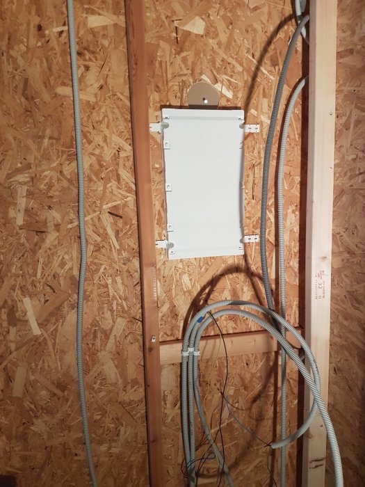 Elcentral installerad på OSB-skiva med draget nätverk och fiberkabel, samt synliga träreglar i bakgrunden.