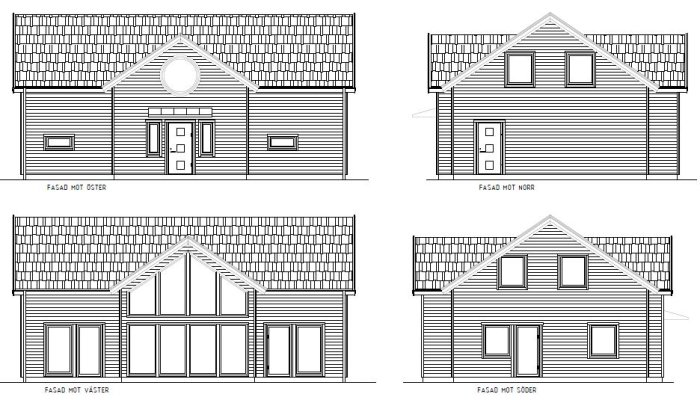 Fyra arkitektoniska fasadritningar av ett hus med sadeltak, visande öster, väster, norr och söder.