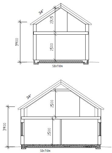 Två tekniska ritningar av hussektioner som visar bygghöjder och längder för en framtidig bostadssektion.