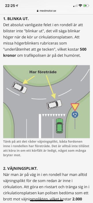 Illustration av två bilar i en rondell med pil som visar rätt väg för bilen som har företräde.