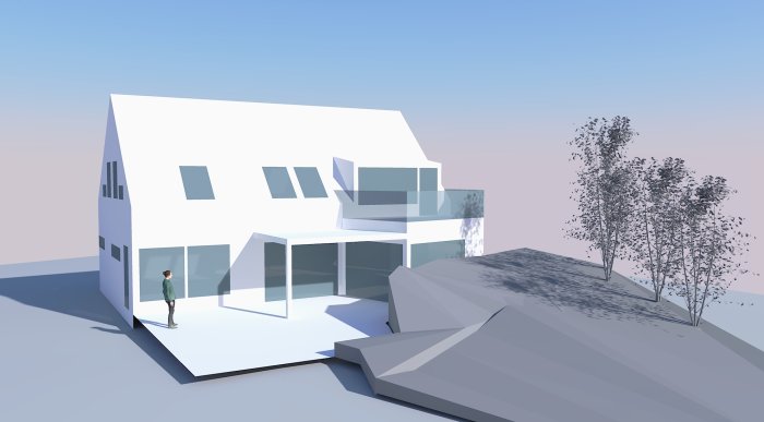 3D-rendering av vitt modernt hus med skuggsimulering, person framför huset, i enkel grafik.