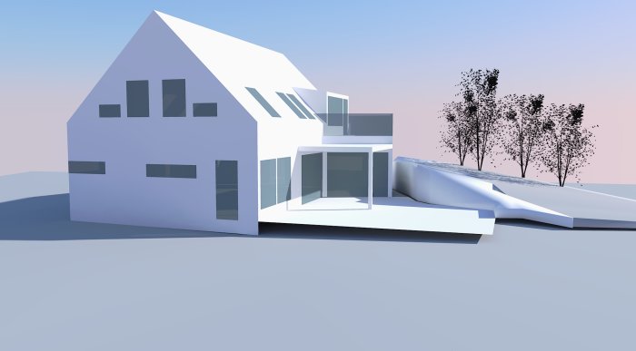 3D-modell av ett hus med takfönster och gavelfönster, samt ett ljusinsläpp över matplatsen.