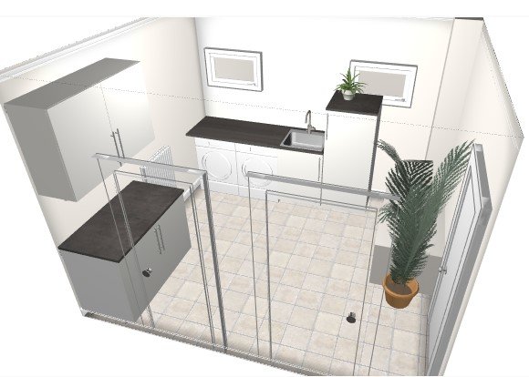 3D-ritning av ett badrum med duschhörna, handfat och grön palm där skiljevägg kan placeras.
